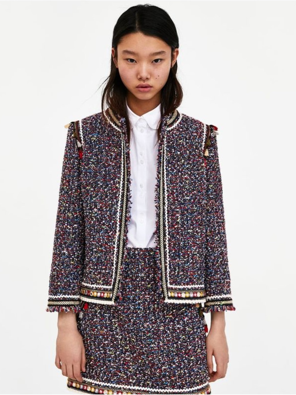 Zara Woman Embellished Bouclé Tweed Tassel Jacket